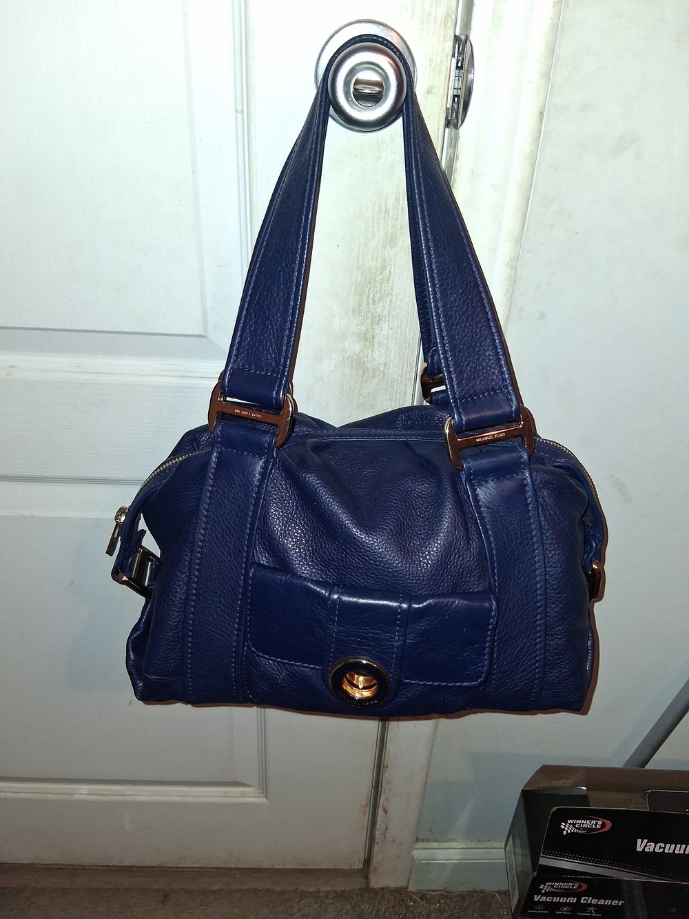 Michael Kors Navy Leather Shoulder Satchel with Gold Hardware